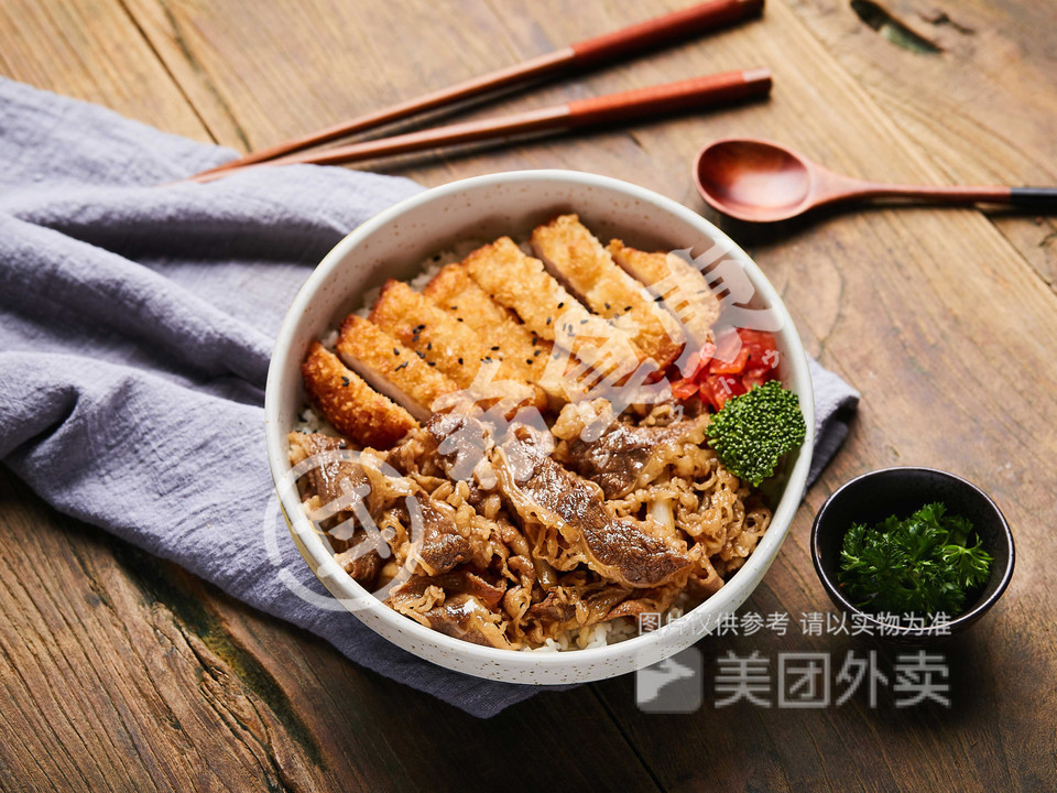 吉利猪排牛肉双拼饭图片